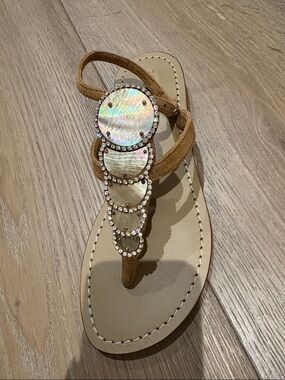 Mystique Boutique Tan Suede T-strap Sandal with Iridescent Mother-of-Pearl Discs